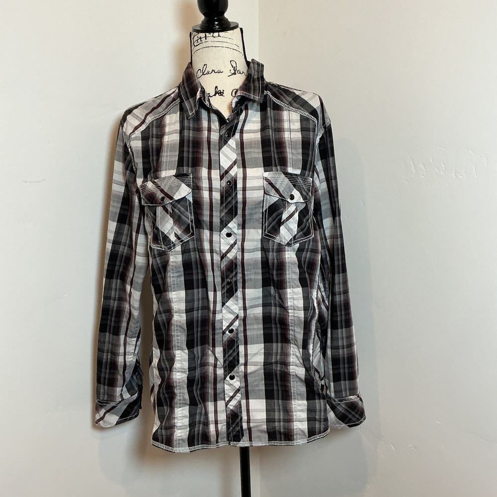 Helix Athletic Fit Plaid Long‎ Sleeve Button Up Shirt Men's Size L